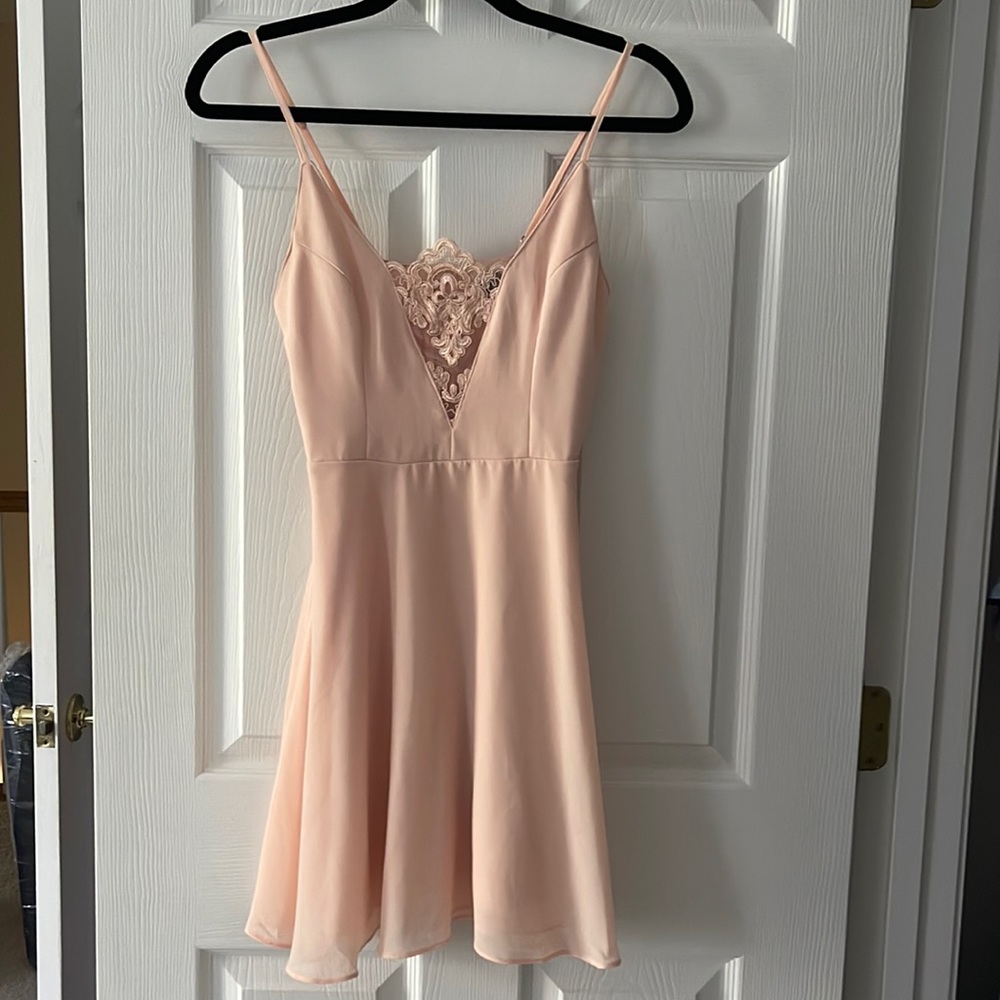 Lulus Pink Formal Skater Dress with Lace Detail